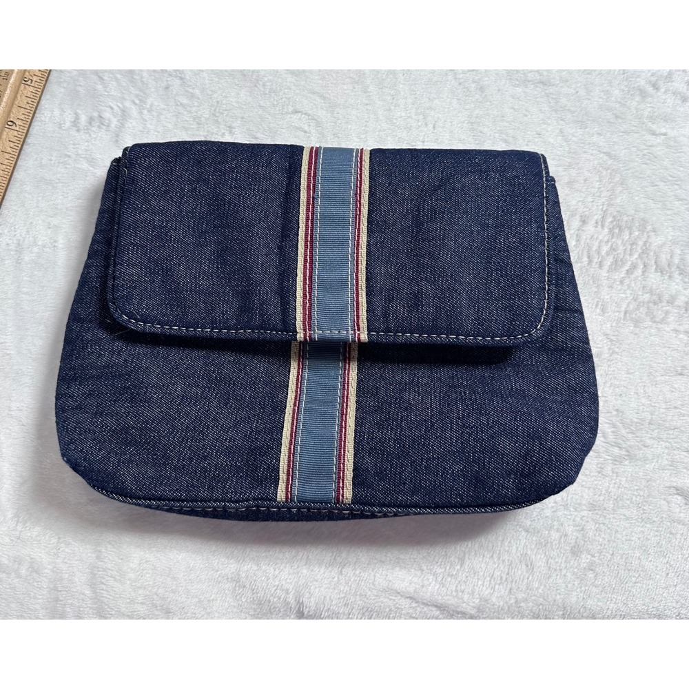 Bath & Body Works Navy Blue Denim Striped Ribbon Makeup Bag Small Clutch Pouch